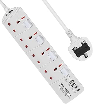 SE UKASE Extension Lead with USB Slots5V/5A, 4 Way Plug Sockets with Individual Switches USB and Type C, Wall Mount Design with 2M Extension Cable 2990W