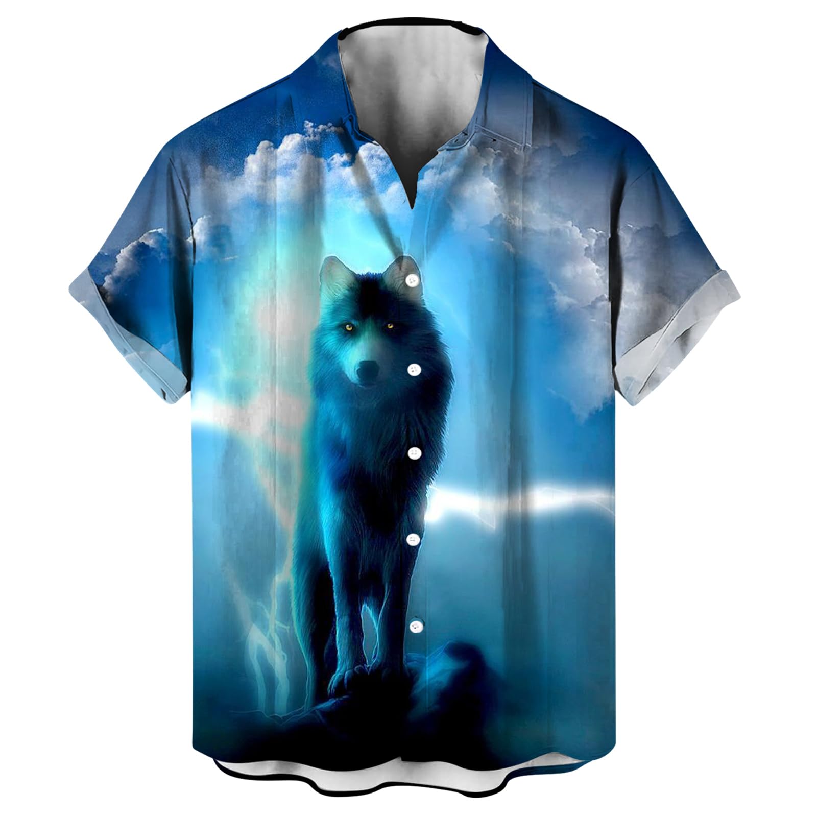LAOLIUSN Novelty Wolf Shirt Animal Graphic Short Sleeved Button Shirt, Blue, Medium
