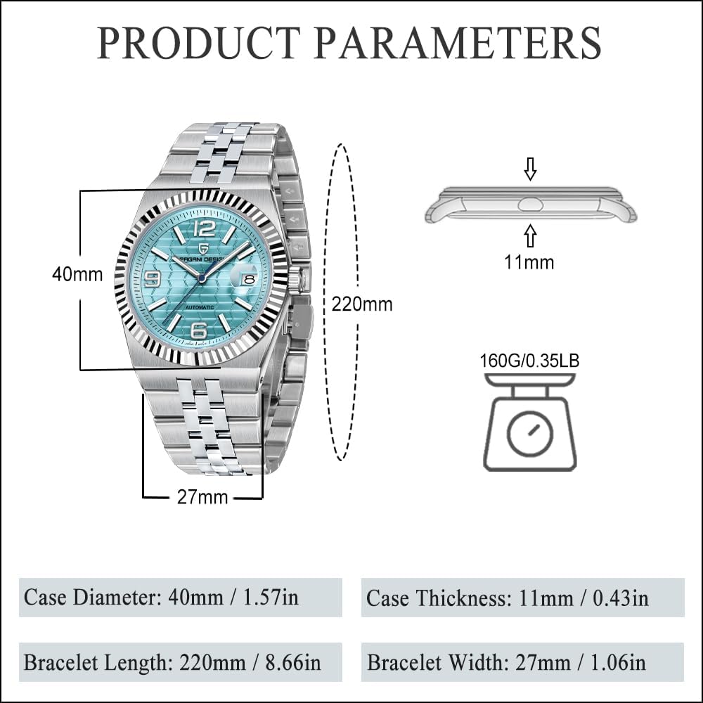 CEYADG Pagani Design Men's Automatic Mechanical Watch, 40mm Sapphire Glass 316L Stainless Steel, 100M Water Resistant Luminous Date Display Fluted Bezel Business Watch for Men