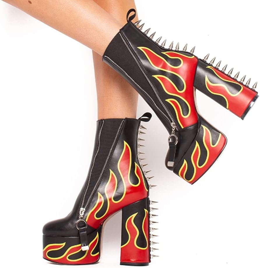 DETOGNI Women's Elastic band High Heels Rivets Ankle Boots Ladies Flames Totem Metal Zipper Thick Heels Punk Booties