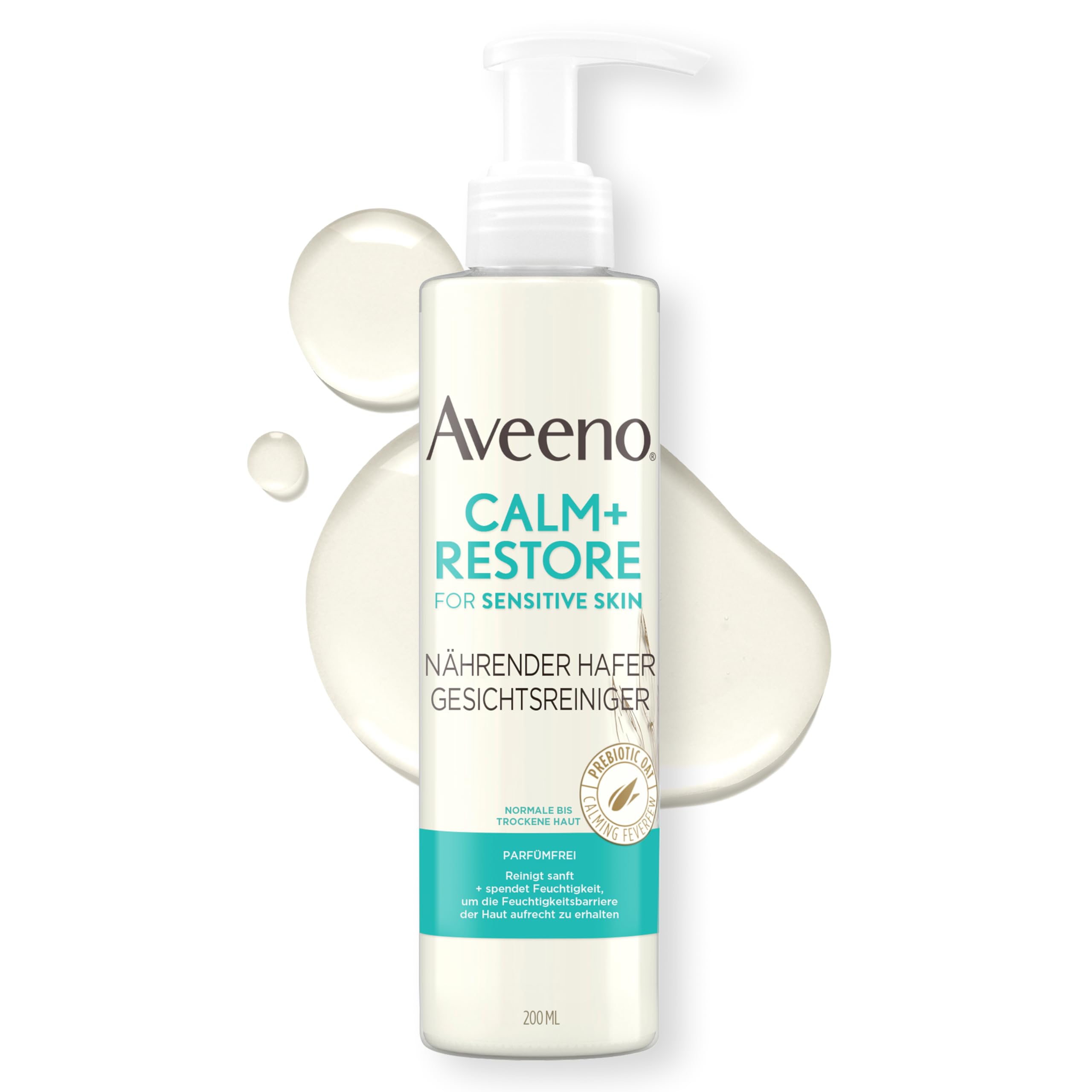 Aveeno CALM+RESTORE Gesichtsreiniger – sanfte Reinigung mit präbiotischem Hafer und Mutterkraut, entfernt Schmutz und Talg, beruhigt empfindliche Haut und spendet Feuchtigkeit, nicht schäumend