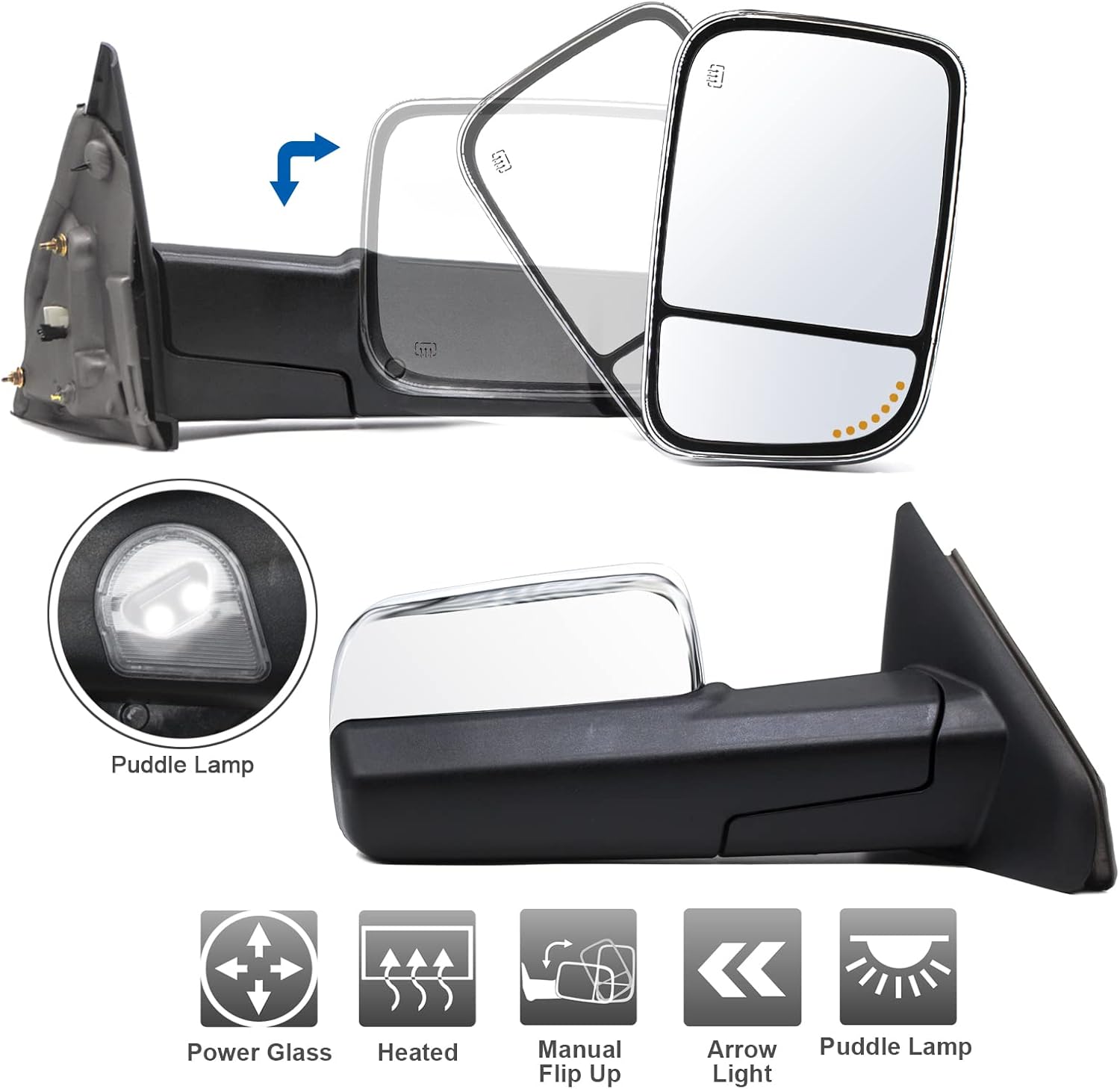 ReYee A Pair of Towing Mirrors fit for 2003-2009 Dodge Ram 2500 3500, 2002-2008 Dodge Ram 1500 Pick Truck with Heated Power Adjust LED Arrow Signal Puddle Light Manual Folding Chrome Cap