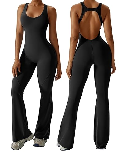 OEAK Womens Flare Jumpsuit with Bra Tummy Control Cutout Romper Workout Outfit Sleeveless Unitard One Piece Backless Bodysuit
