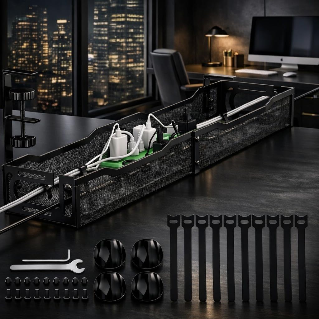 Under Desk Cable Management Tray – 25” Metal Cable Organizer with Clamp Mount, No Drill Wire Management Rack for Office & Home Desk (Black) image 2