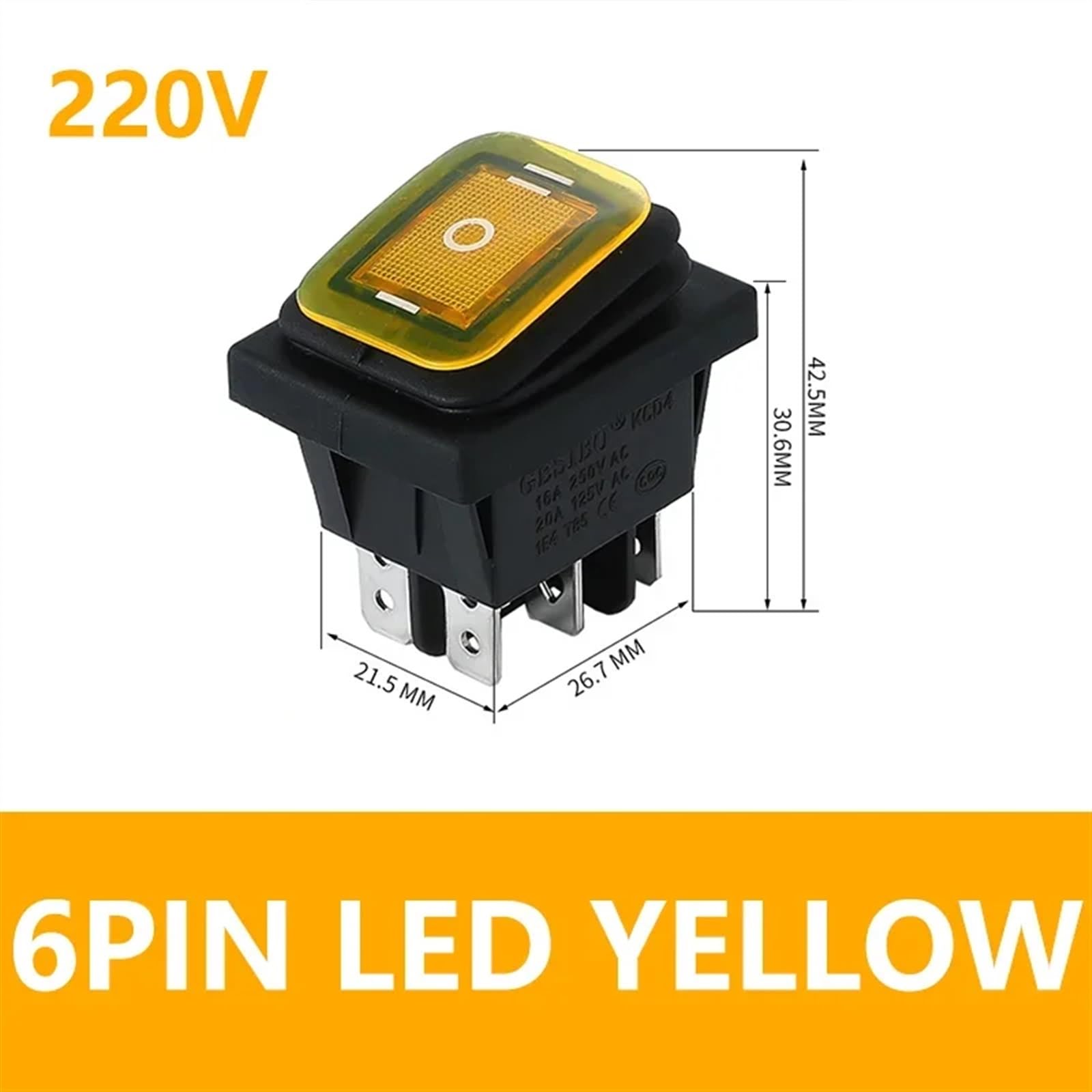 Wodoodporny przełącznik kołyskowy 12 V, 4-pinowy, 6-biegunowy, 16 A, 250 V, 30 x 22 mm, czerwone światło LED, 220 V, KCD4-201, DPST, 5-częściowy (6PIN LED żółty 220V)