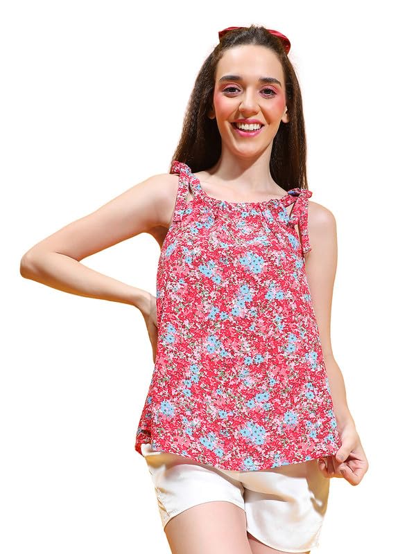 Image of oxolloxo Women Stripe Print Round Neck Shoulder Strap Tie-Knot Detail Sleevless Nightwear Top