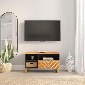 ZEYUAN TV Cabinet Brown and Black 80x33.5x46 cm Solid Wood Mango,Tv Stand Cabinet,Tv Units For Living Room,Electric Fireplace Tv Stand