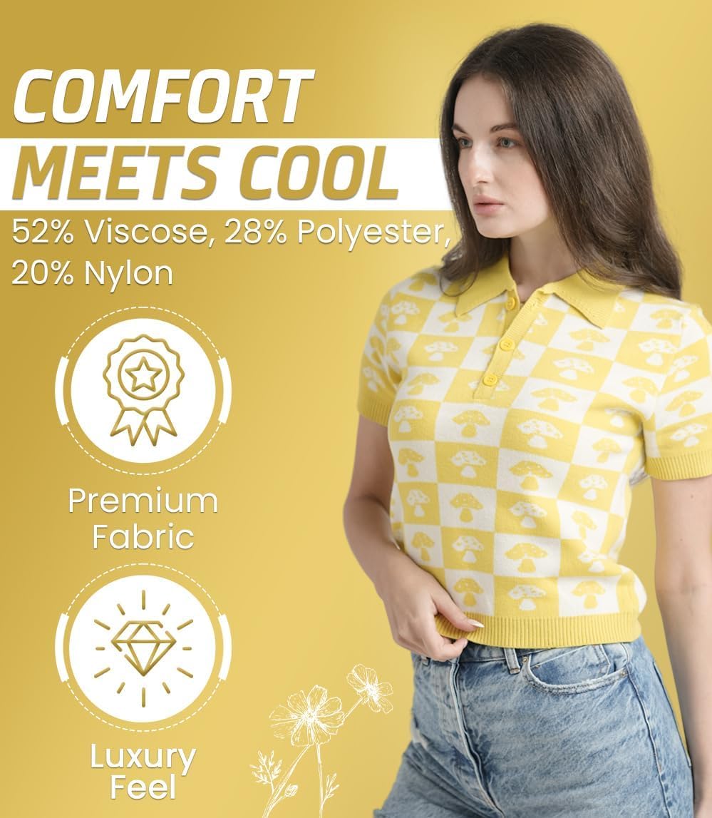 Womens Short Sleeve Sweater in Yellow with Medium Size | Short Sleeve Sweater for Women in Checkerboard Pattern | Womens Knit Tops Sweater Polo Women with Front Button Placket - Image 6