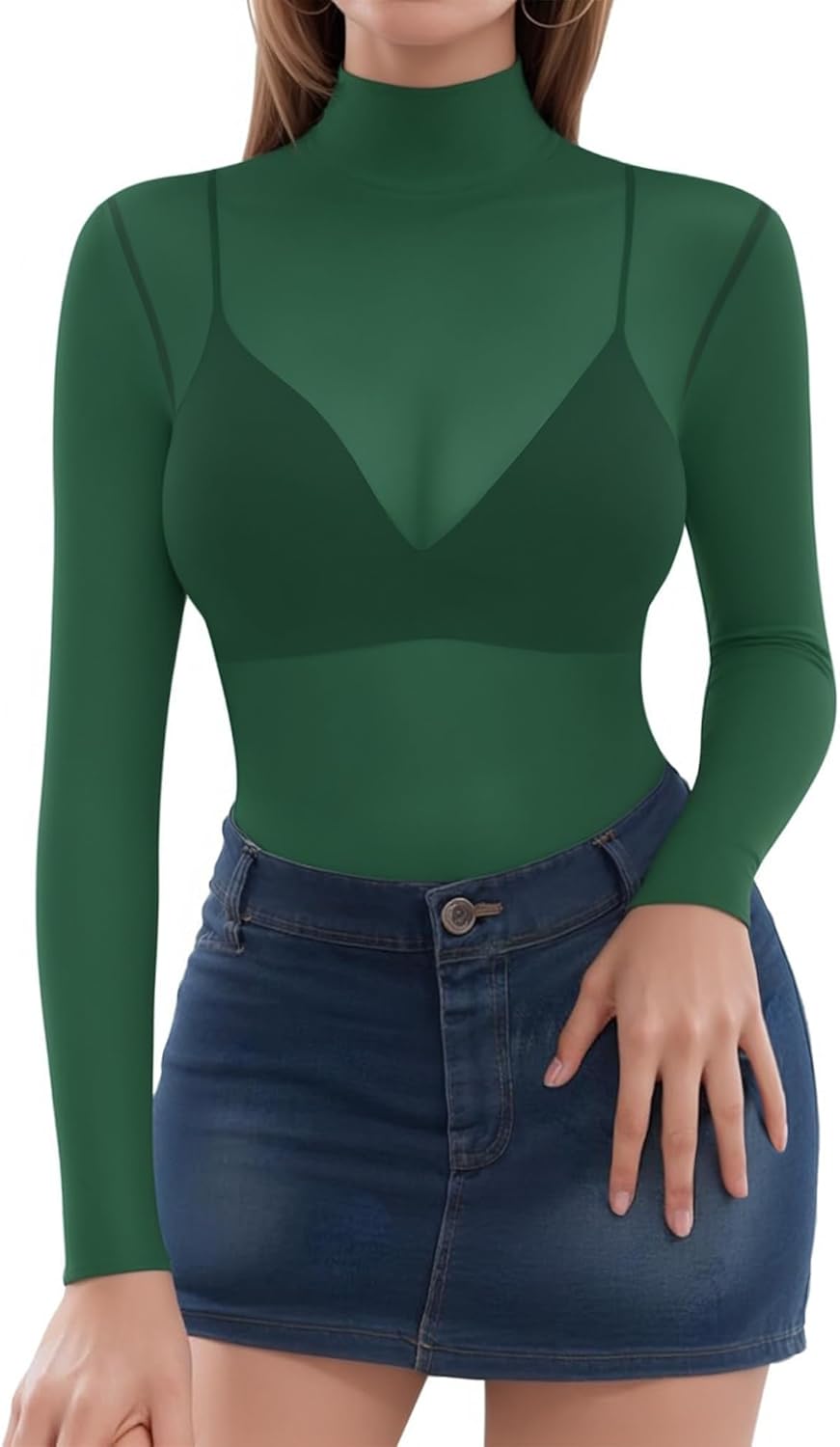 MANGOPOP Women's Mesh Top Long Sleeve See Through Mock Neck Blouse Sheer Sexy T Shirts Clubwear Bodycon