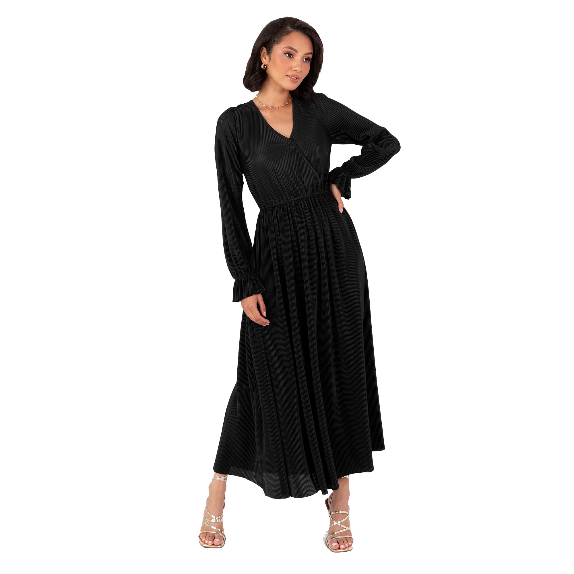 Women's Midaxi Dress Ladies Wrap V-Neck Long Sleeve Ruffle Cuff A-line Plissé Evening Occasion Wedding Guest