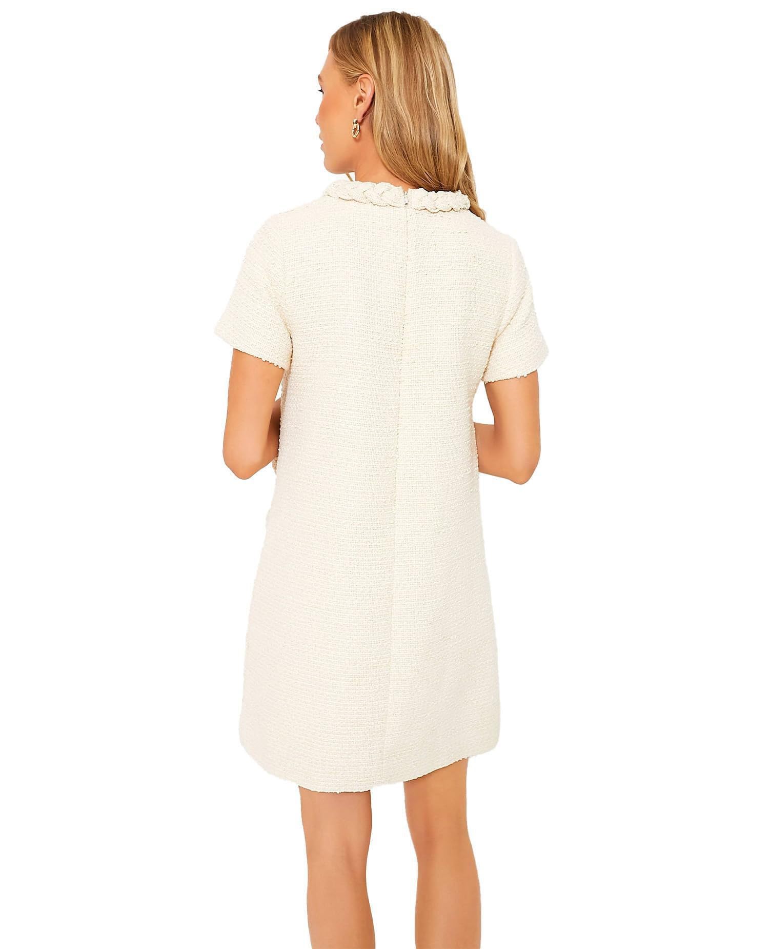 Damen Tweed Kleid Kurze Ärmel Crew Neck A-Linie Party Vintage Minikleid Causal Dresses