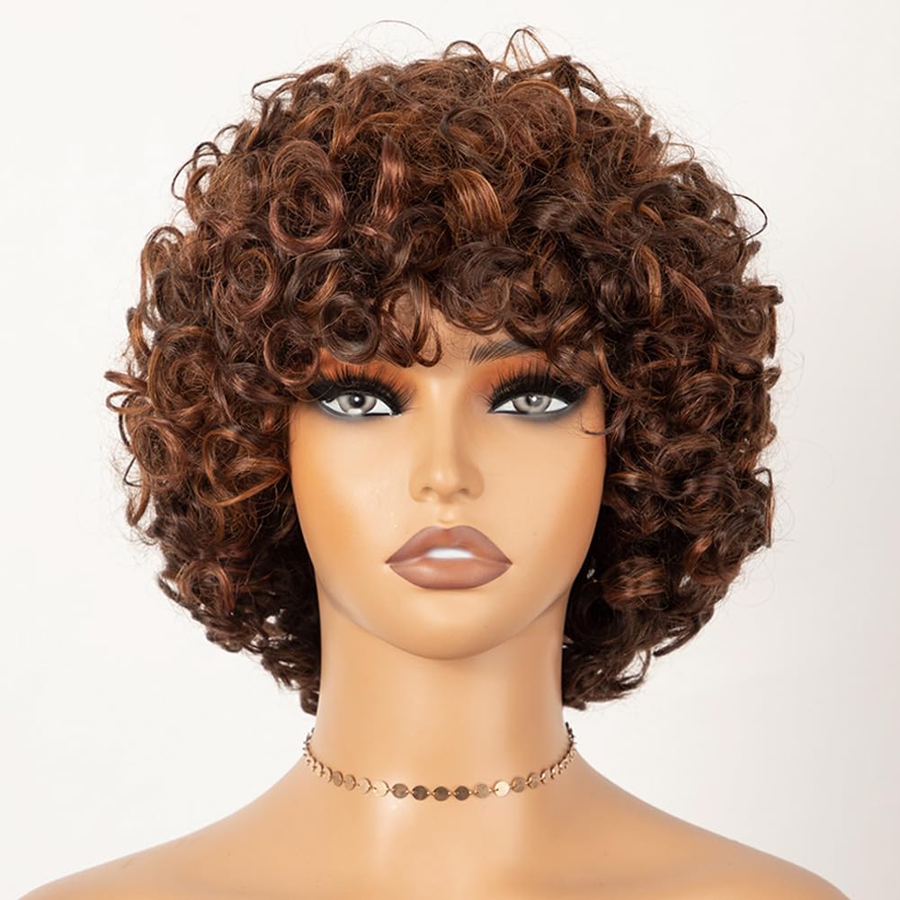 Short Curly Wig with Bangs Human Hair Wig for Black Women Short Brown