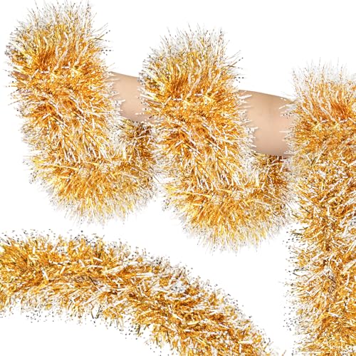 Image of 50ft Gold White Christmas Tinsel Garland Xmas Tree Garland Decorations Metallic Tinsel Glitter Twist Garlands Hanging Streamers for Indoor Holiday Decor