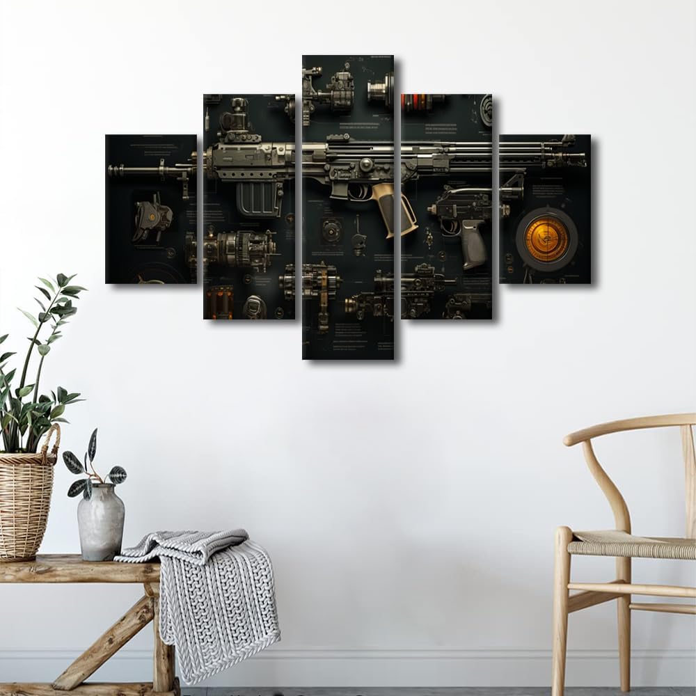 Wall Art for Living Room Large Size Rifle Prints for Wall Decor 5 Panel Wall Art Pistol Rifles Arrangement Pictures On Canvas Artwork for Home Walls Stretched And Framed Ready to Hang, 60"Wx40"H