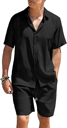 COOFANDY Men 2 Piece Linen Set Beach Guayabera Outfit Button Down Shirt and Short