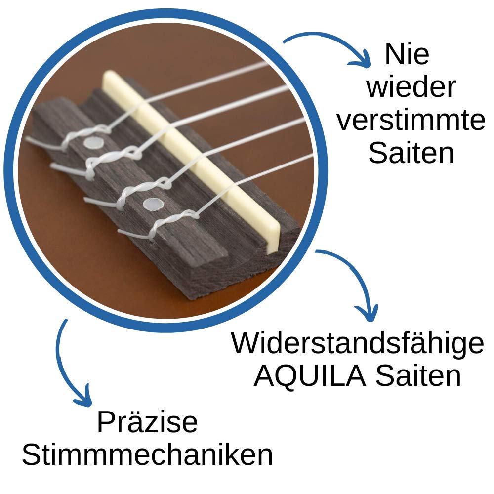 CASCHA HH 3956 DE Ukulele Soprano con cuerdas de AQUILA, bolsa de almacenamiento, formación en ukelele en alemán (+DVD), afinador y 3 púas