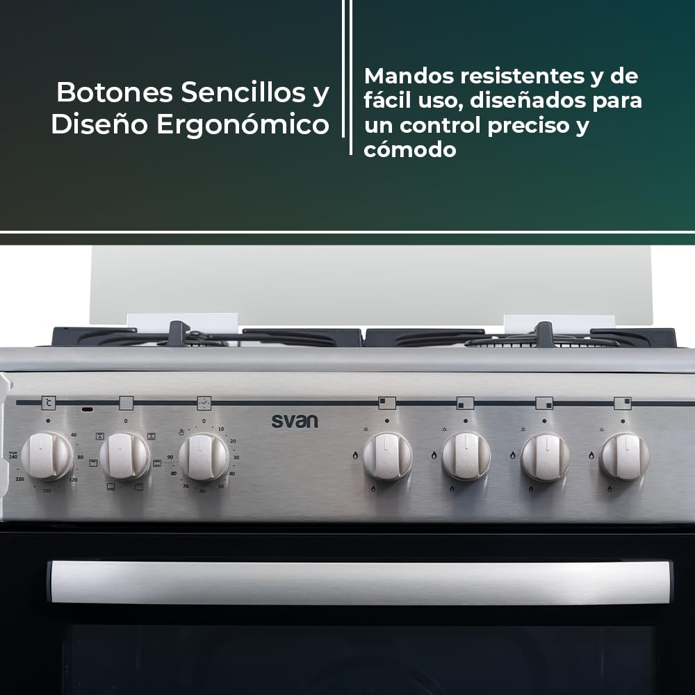 Svan Cocina Mixta gas Butano 4 Zonas Inox SKMW4600X. Quemador WOK triple llama, Kit Conversión Gas Natural, Acabado en Inox
