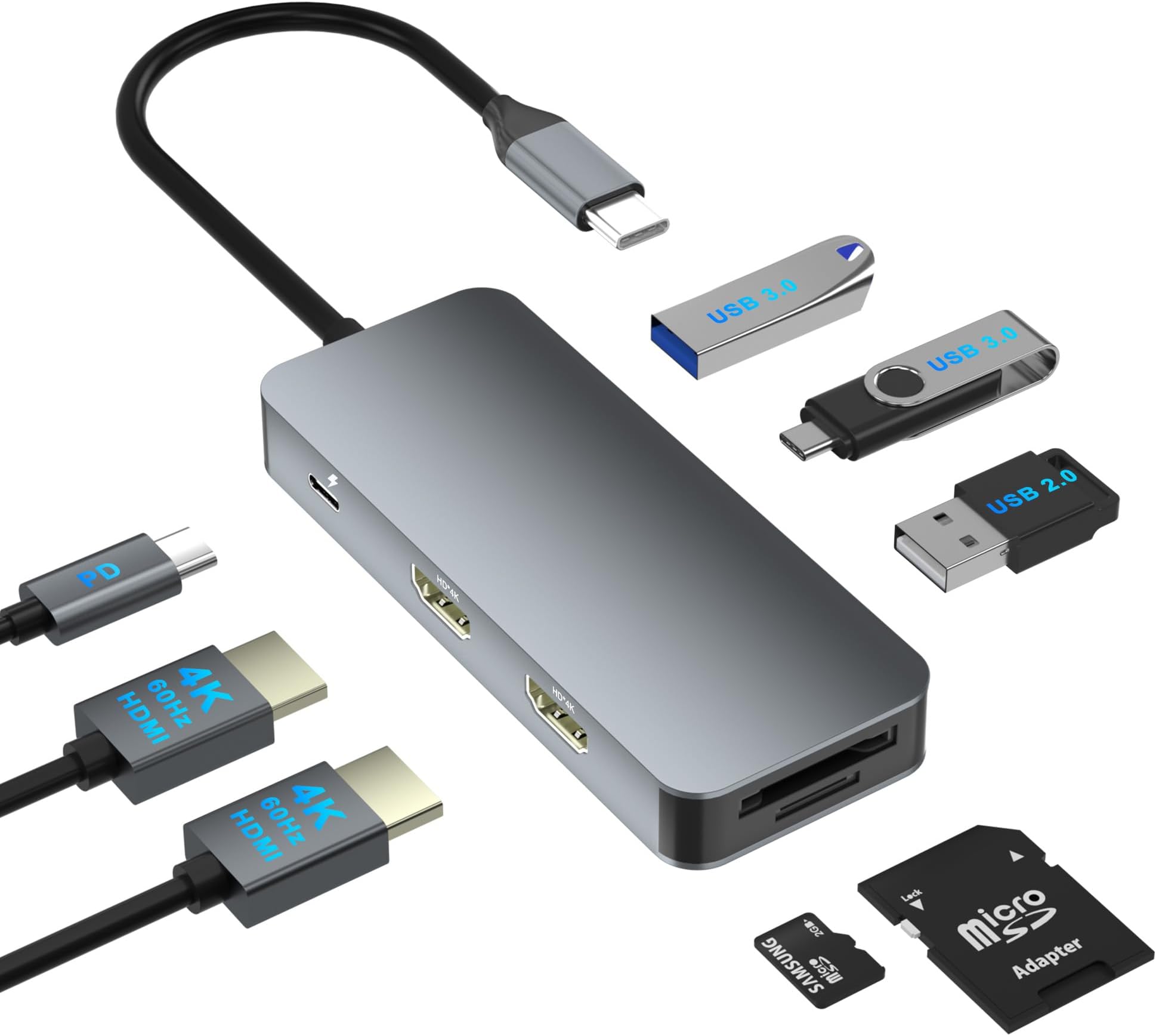 Dual HDMI Adapter for 2 Monitors, Laptop Docking Station, HDMI Splitter for Dual Monitors, 4K to 60Hz HDMI Adapter, Dual Monitor Adapter Dual Monitor Docking Station