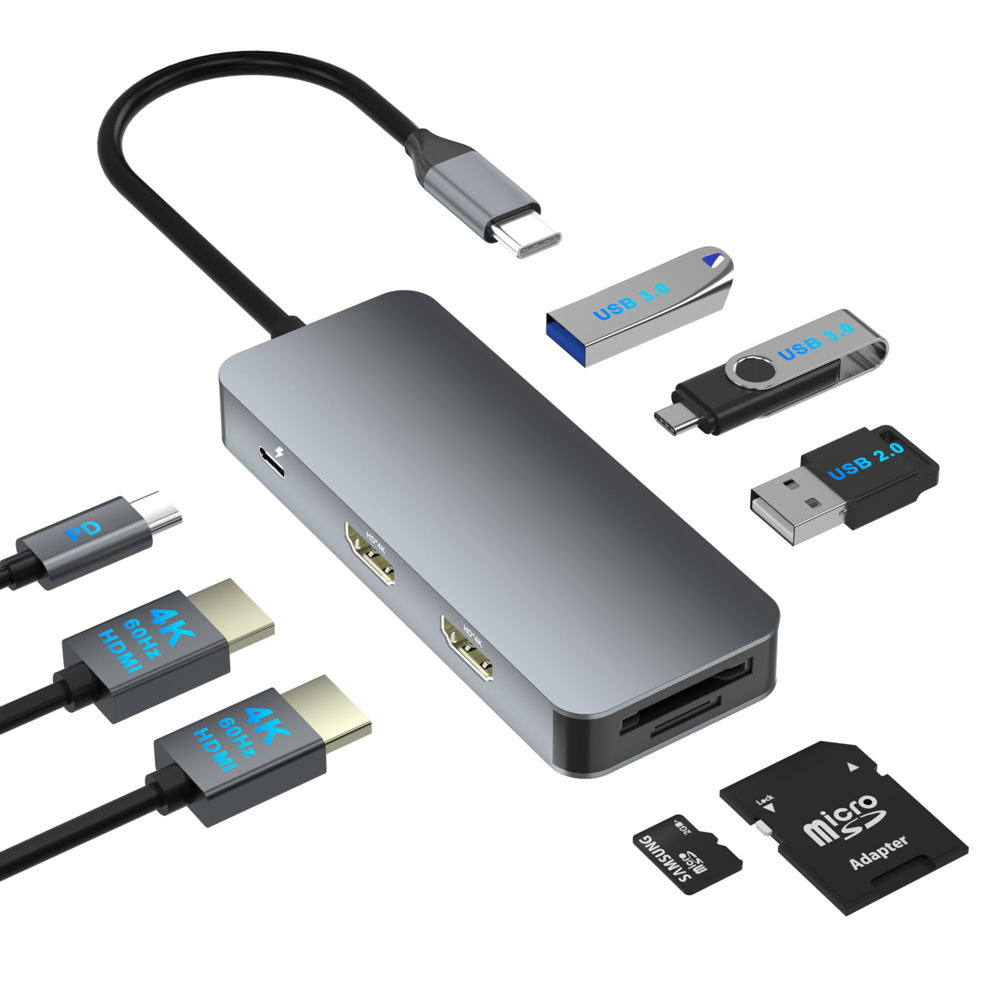 Dual HDMI Adapter for 2 Monitors, Laptop Docking Station Dual Monitor, HDMI Splitter for Dual Monitors, 4K@60hz Double Monitor Adapter, USB C Docking Station for Dell/HP/Mac Laptop