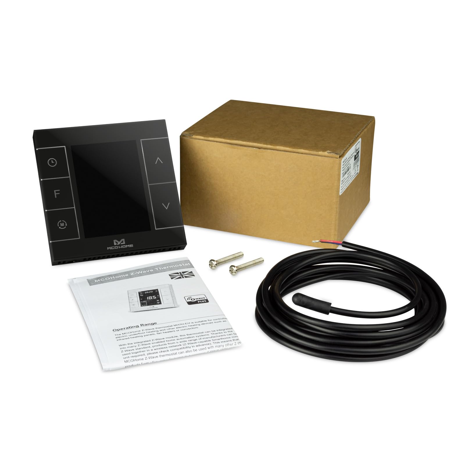 MCO Home Z-Wave MH7H-EH - Termostato para calefacción por suelo radiante y calefacción por infrarrojos, compatible con Z-Wave, color negro