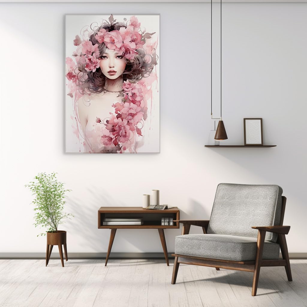 Canvas for Living Room. Elegance in Bloom: A Woman Adorned by Nature's Touch, 27 x 18 inch Canvas Wall Art - Contemporary Masterpieces - Modern Home Decor