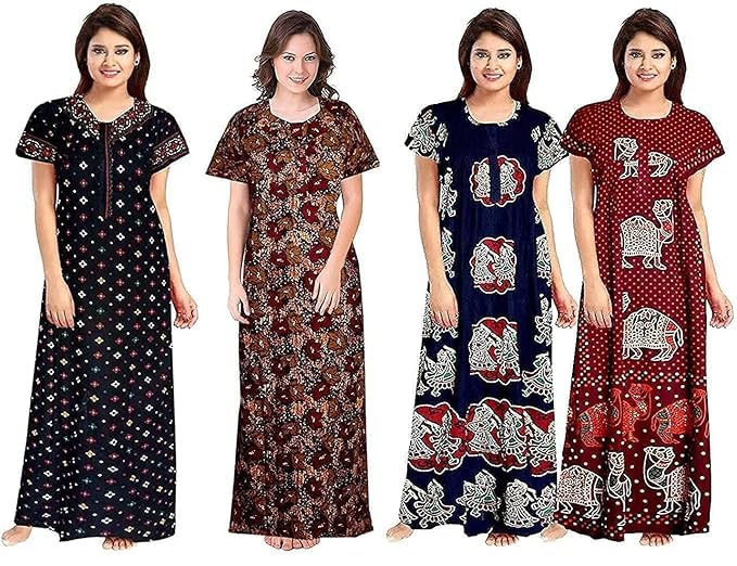 Image of Nighty for Women Cotton Printed Maxi Gown Ankle Length Nighty Night Dress Gown for Women Maxi - Free Size (Pack of 4)