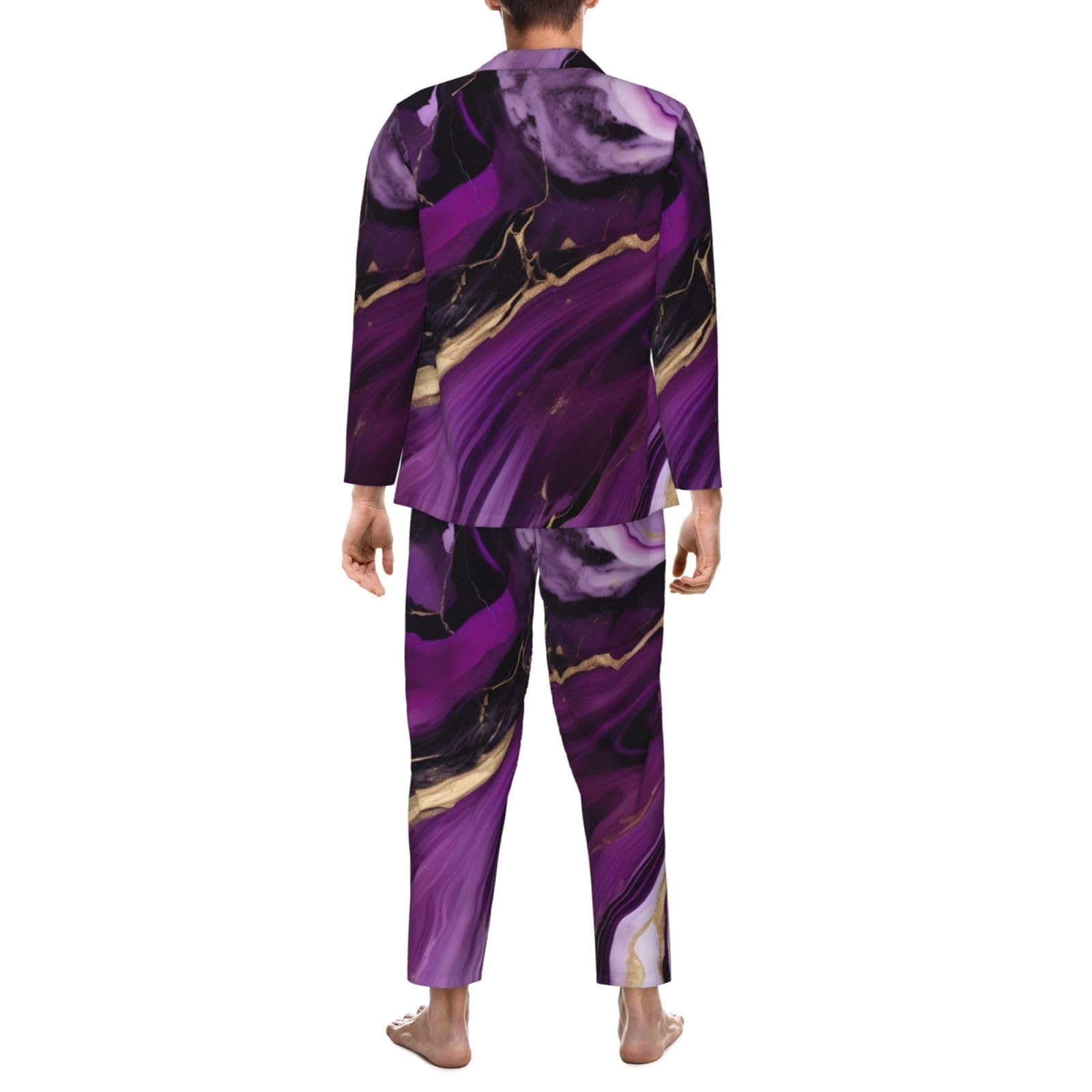 Set pigiama a maniche lunghe da uomo in marmo con texture viola scuro 1 stampa set pigiama da notte in due pezzi abbigliamento da notte traspirante