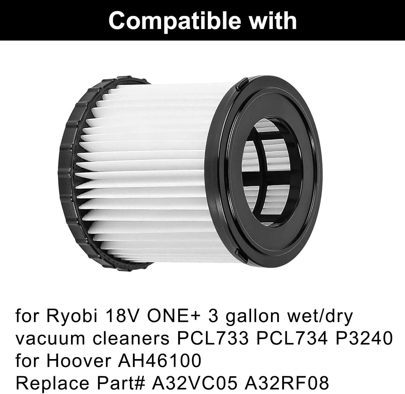 ANBOO 2 Pack Vacuum Filter Replacement Compatible with Ryobi 18V ONE+ 3 Gallon Wet/Dry Vacuum Cleaners PCL733, PCL734, P3240, with 1 Cleaning Brush, Replace Part# A32VC05 A32RF08