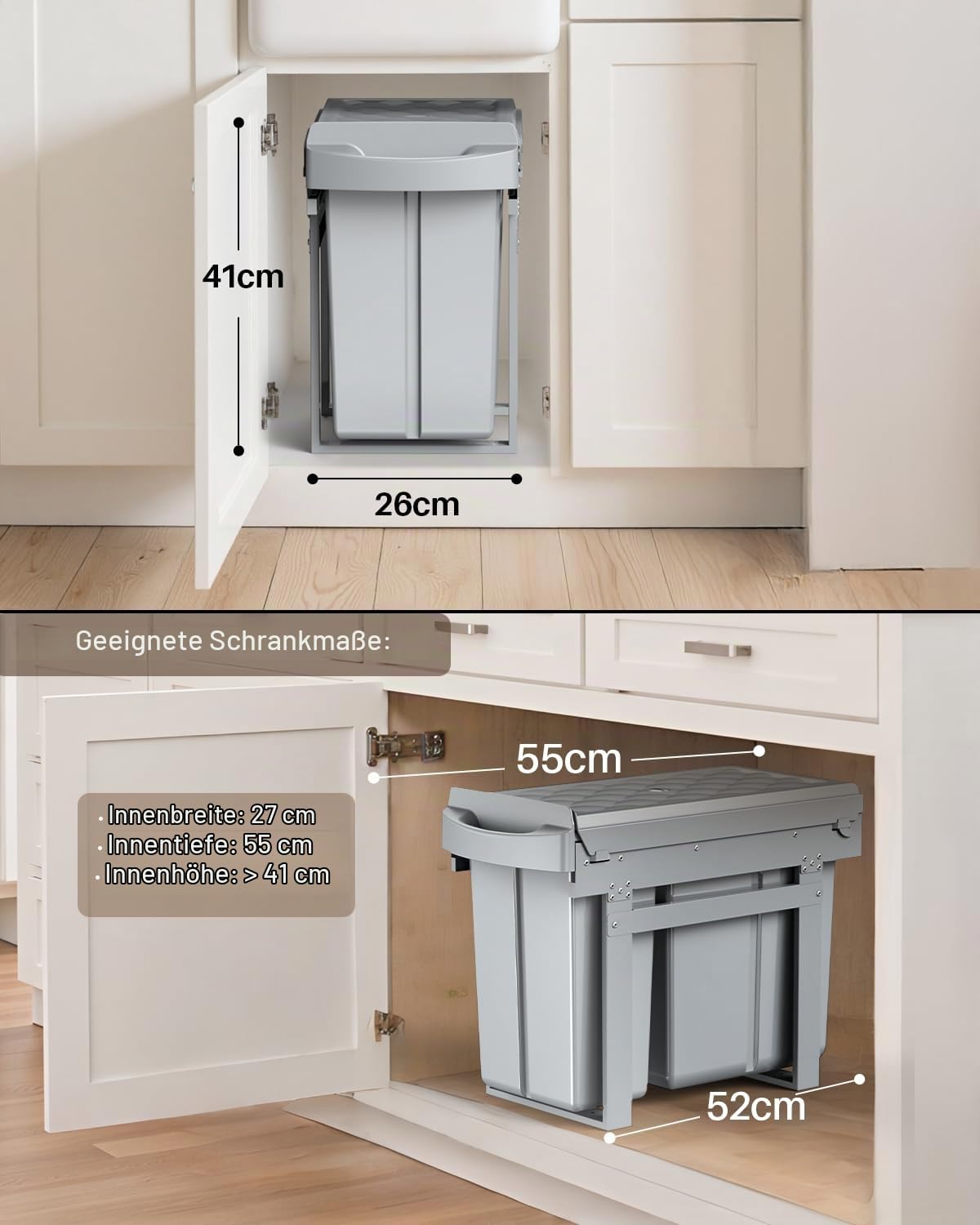 lovewind Abfallsammler Tandem 10L+20L, Mülltrennsystem Unterschrank mit kugelgelagerten Teleskopschienen, seitlichem Hängekorb, Vollauszug für Schränke ab 300mm Breite, Schiefergrau
