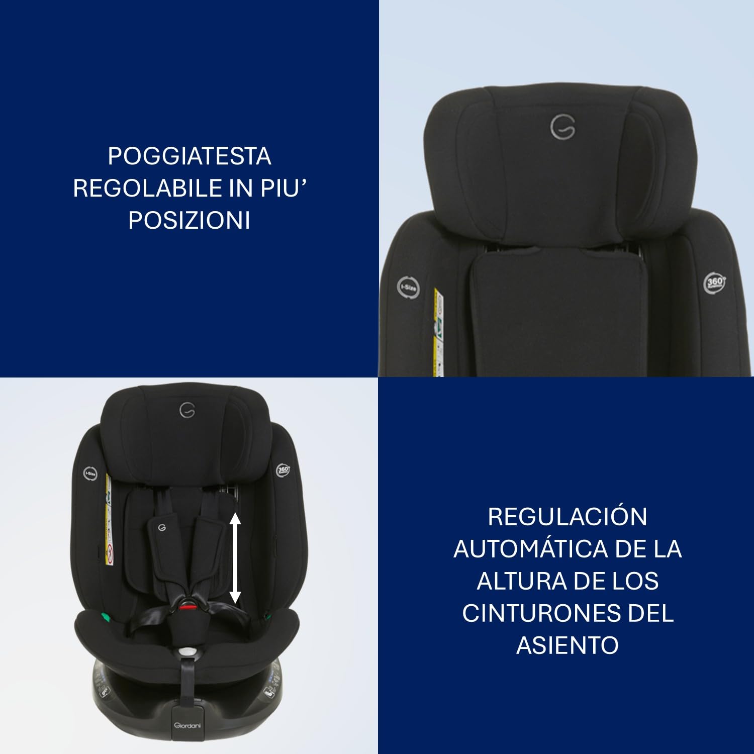 Giordani Polaris Seggiolino Auto 40-150 cm i-Size, Base Girevole 360° con Rotazione a una Mano, Isofix e Top Tether sulla Base, Evolutivo 0-12 Anni, Protezione R129/03