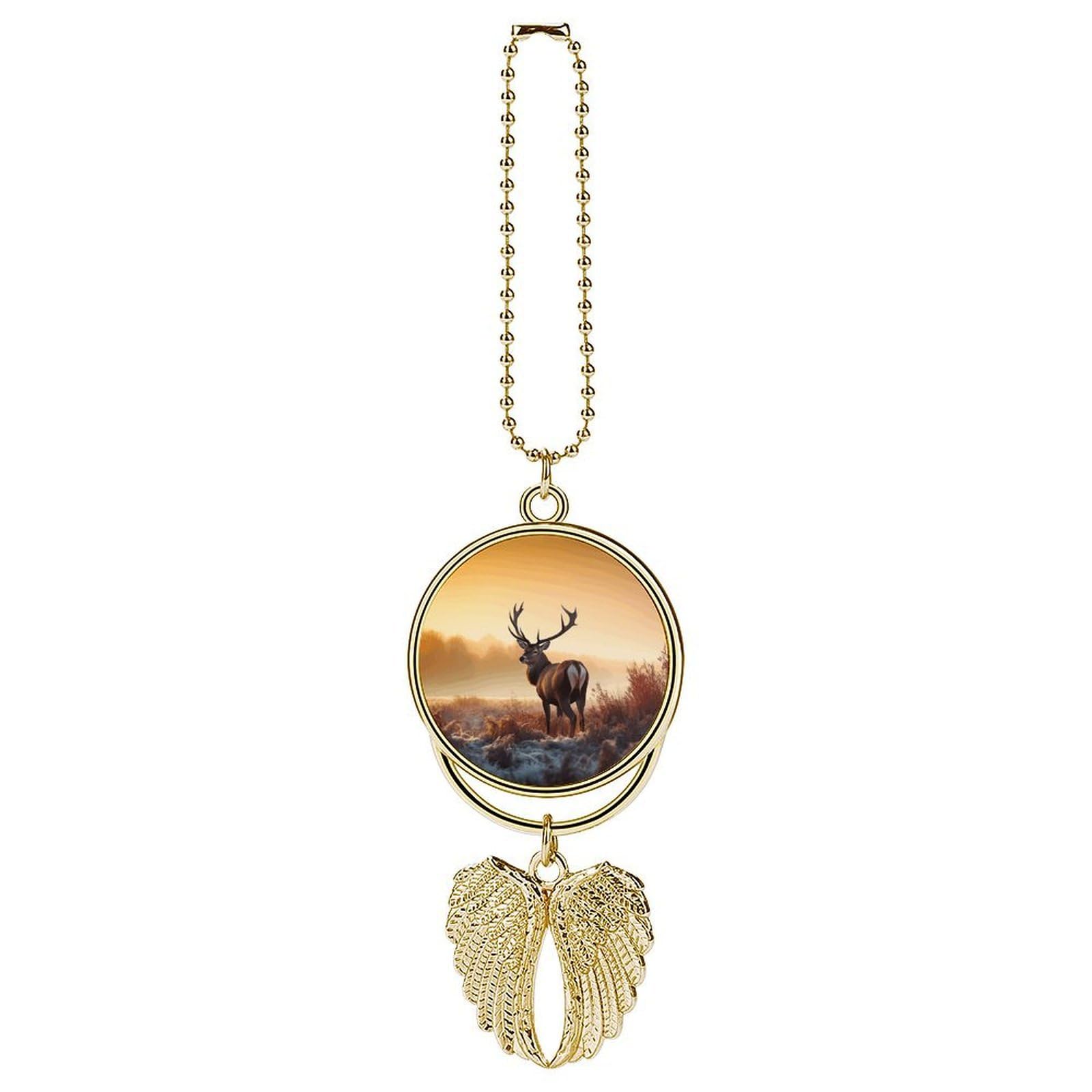 Landscape Deer Car Charm, Alloy Rear View Mirror Pendant, Bling Funny Car Hanging Ornament Gift for Women Men, Car Pendant Lucky Auto Interior Decoration Accessories Golden-Style