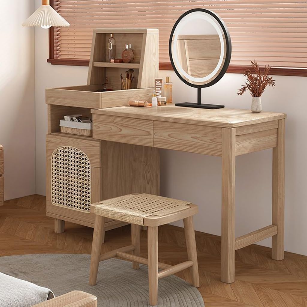 YOUQUEEN Dressing Table Nordic Solid Wood Dressing Table, Ash Bedroom Table, Solid Wood Dressing Table with Mirror Dressing Table with Mirror(Large)