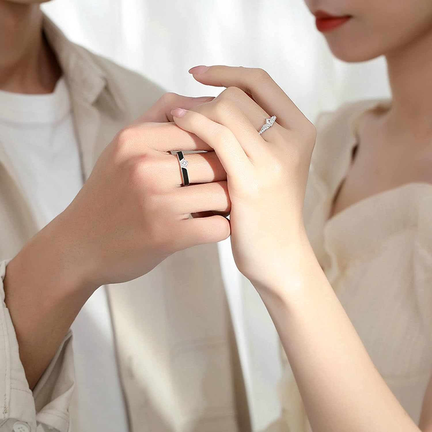 ANAZOZ Couples Rings for Him and Her Set, S925 Sterling Silver Promise Ring Set 2PCS Adjustable Black and White Wedding Bands with Custom Engraved