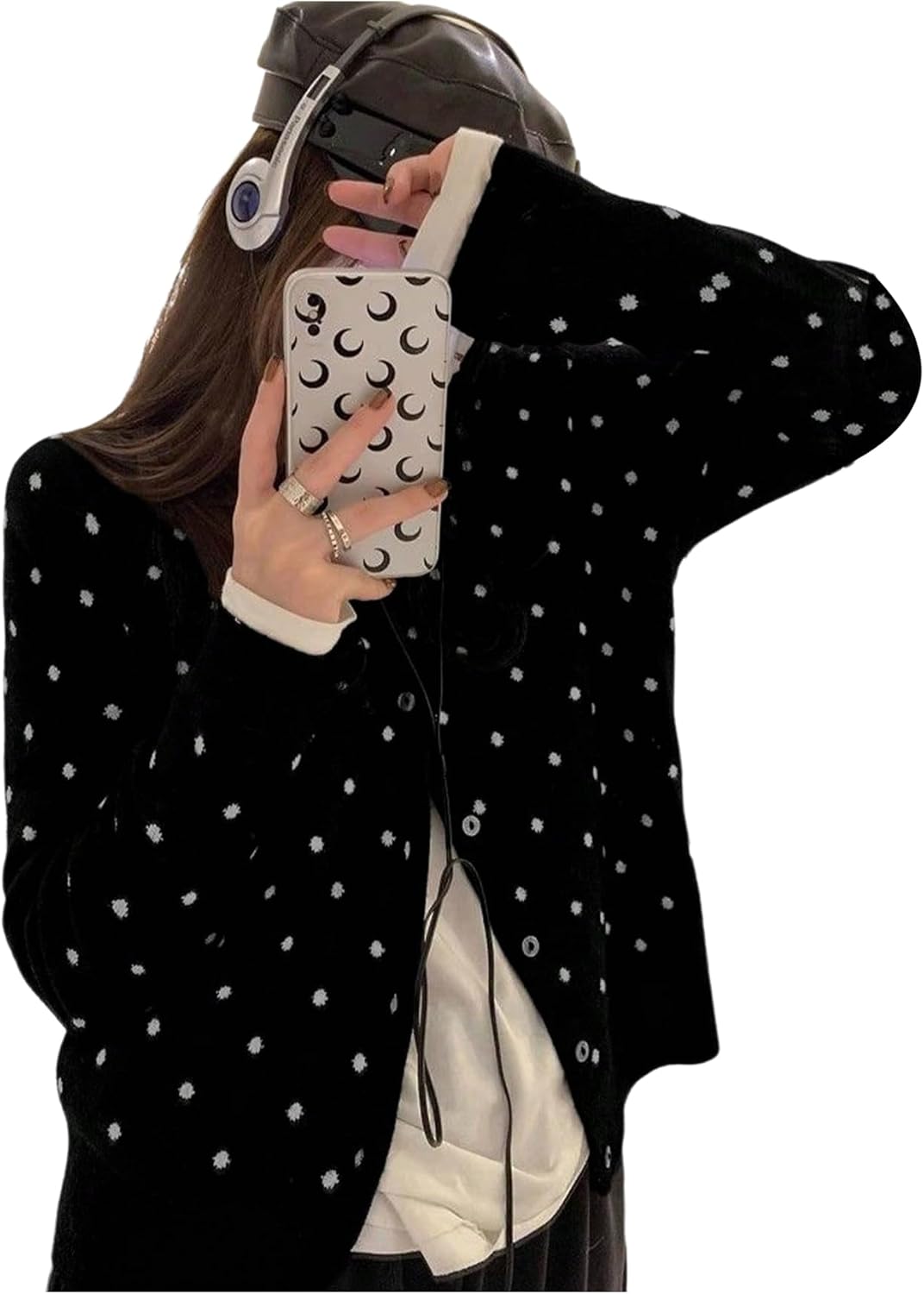 GORGLITTER Women's Polka Dots Sweater Trendy Button Up Open Front Cozy Cute Knit Cardigan Comfiest Airport Outfits