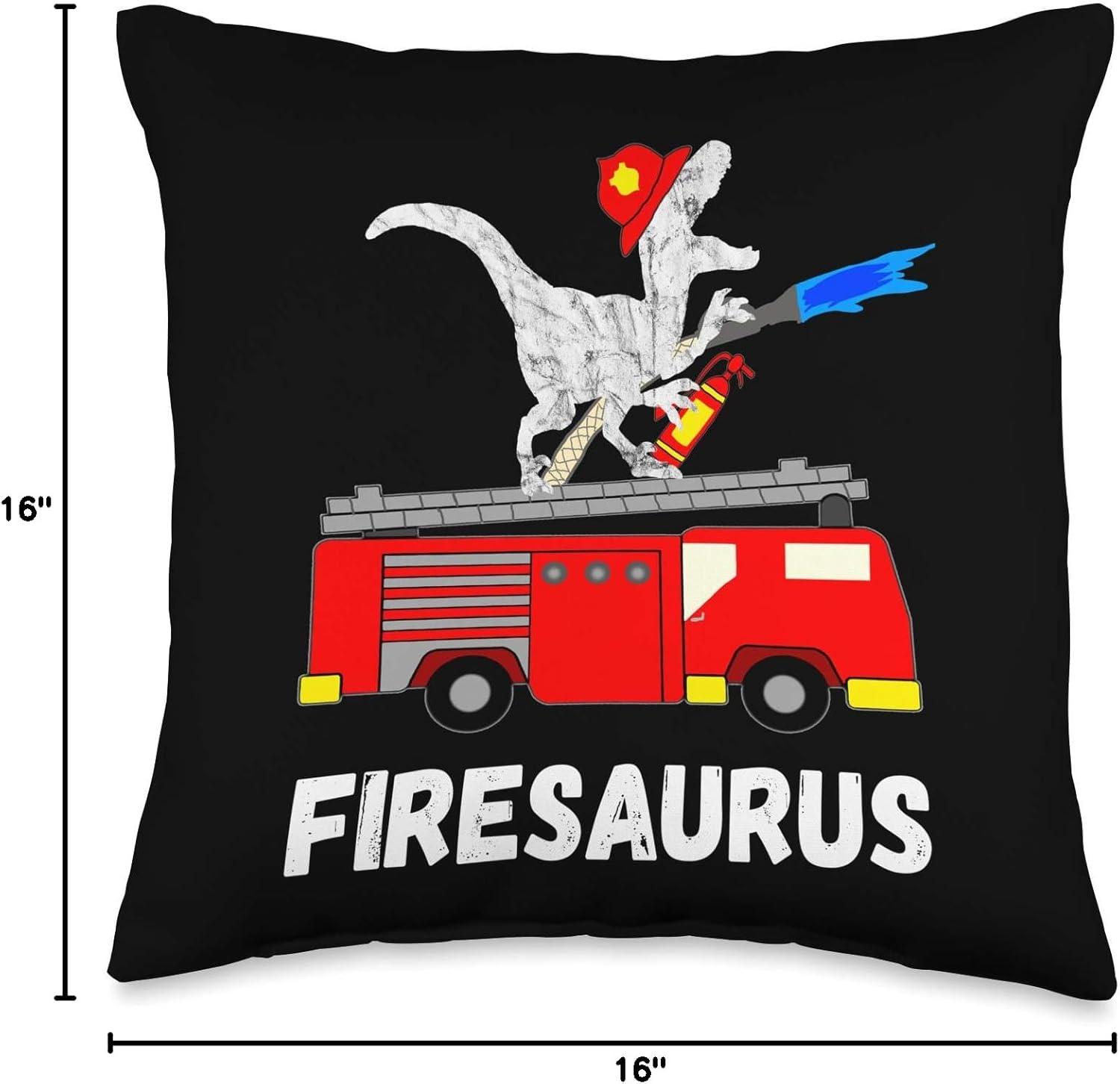 Fire Fighter Saurus Firetruck Fireman Dinosaur T-Rex Throw Pillow