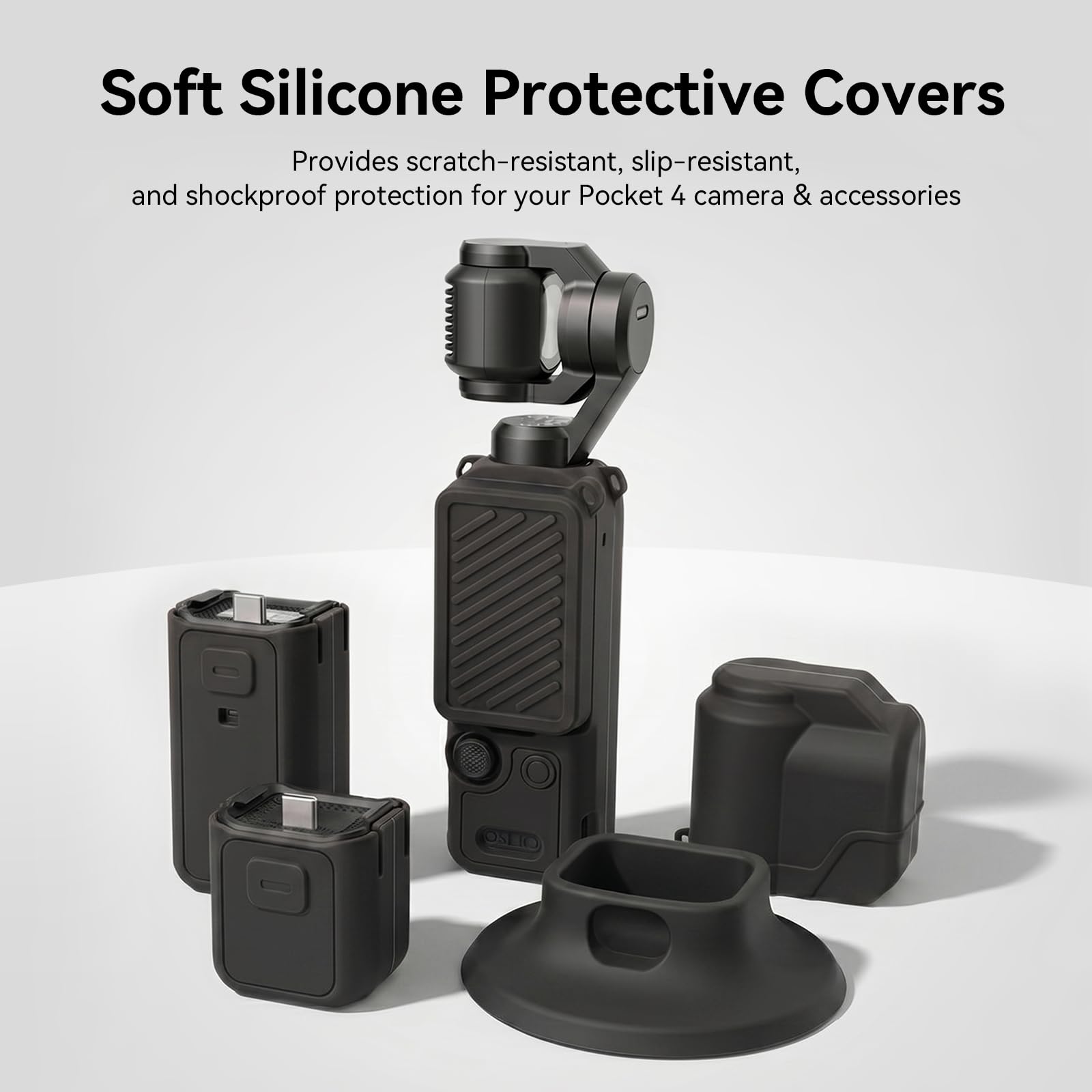 AMAZEAR Coque de Protection en Silicone pour DJI OSMO Pocket 4, Pocket 4 Accessoire de Protection Souple avec Protection d'écran en Verre trempé, Protection d'objectif, Support en Silicone, Noir
