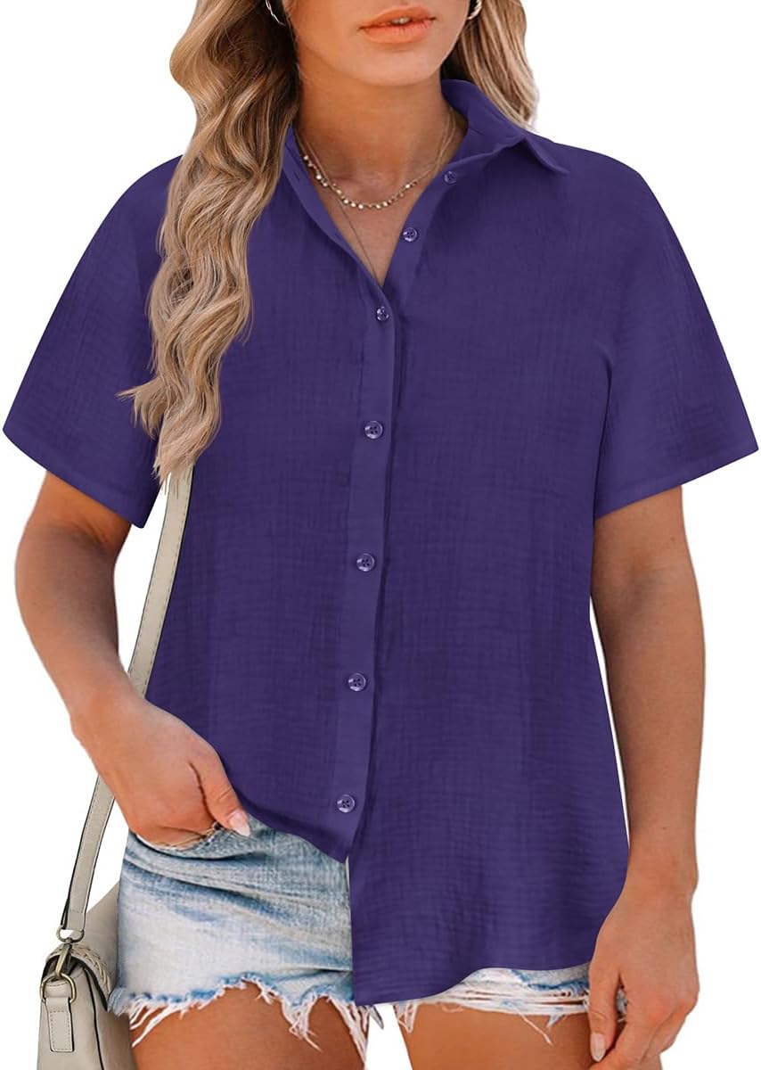 RITERA Plus Size Button Down Shirts for Women Short Sleeve Navy Blue Blouse Collared Button up Royal Blue T-Shirt Casual Solid Top Loose Fit Summer Lightweight Tunics 3XL 22W 24W