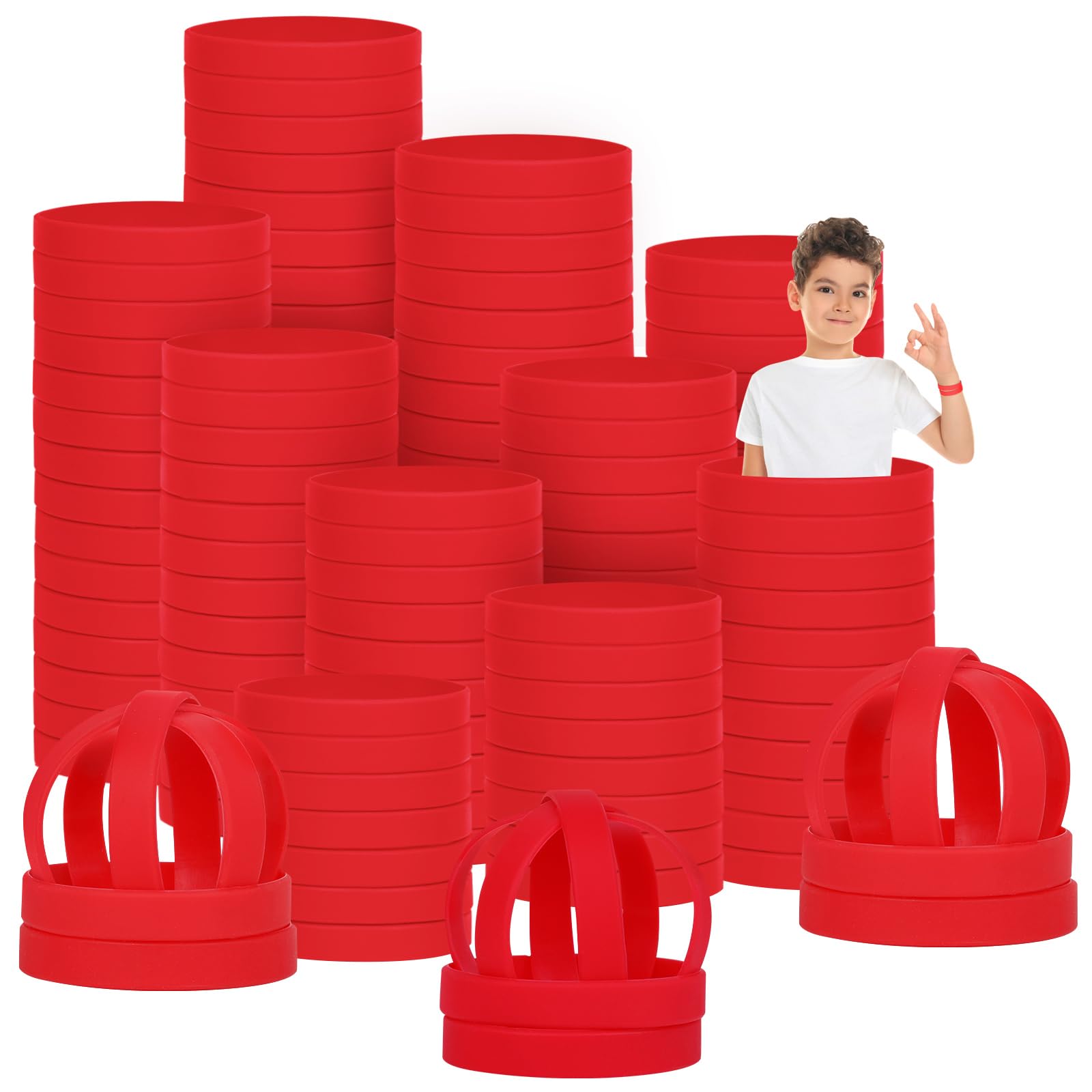 LVNRIDS 200 PCS Silicone Wristbands Rubber Bracelets for Kid, 6.3 inch Red Silicone Wrist Bands for Business School Activity Party Events Music Festival