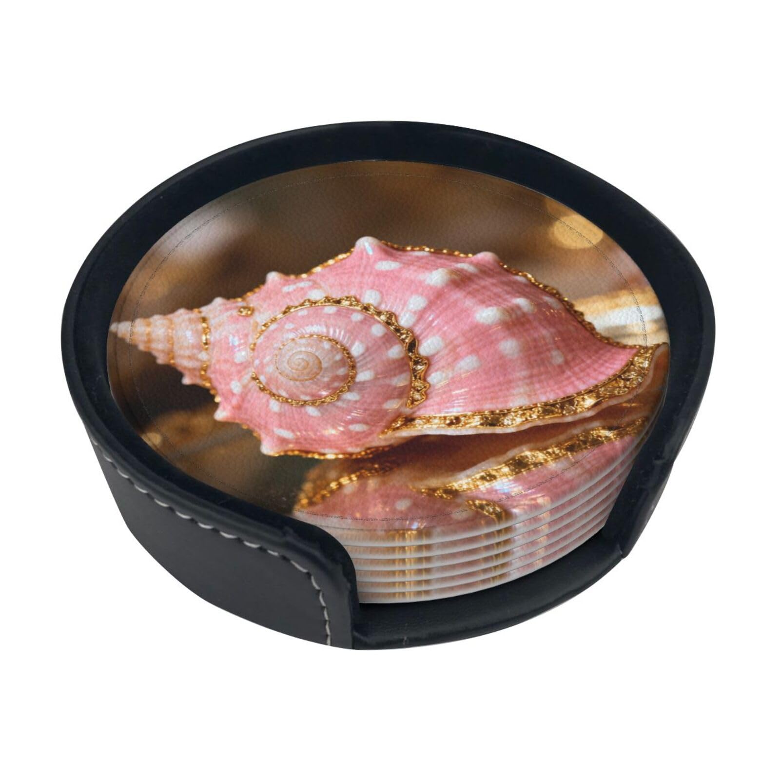 Cntdbu White Conch Shell Pink Leather Coasters Set Of 6-Pu Leather Drink Mats For Table, Heat Resistant Round Coasters With Holder