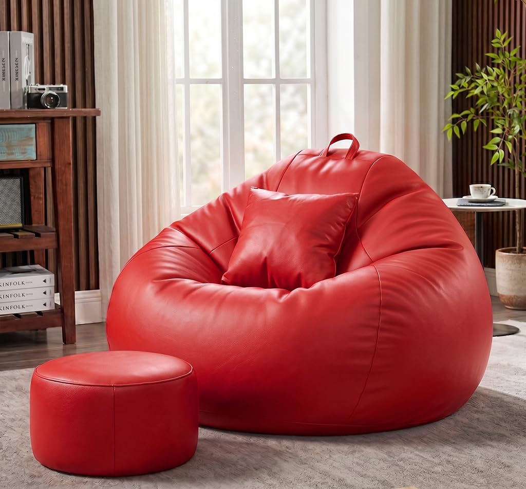 Sattva Classic 2XL Sofa Style Bean Bag Chair with Beans Filled | Faux Leather Bin Bags Sofa Set with Footstool & Cushion for Adults | Beam Bag, Large Beanbags for Home & Office - Red-image-16