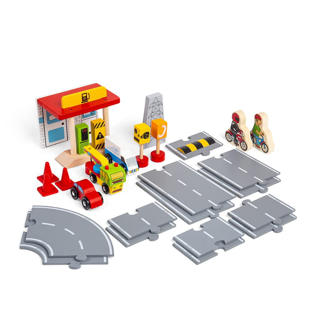 Bigjigs Rail Roadway Car Accessory Pack - 25 Piece Wooden Car Track Accessories with Vehicles, Road Signs, Wooden Track & More, Race Tracks for Boys & Girls