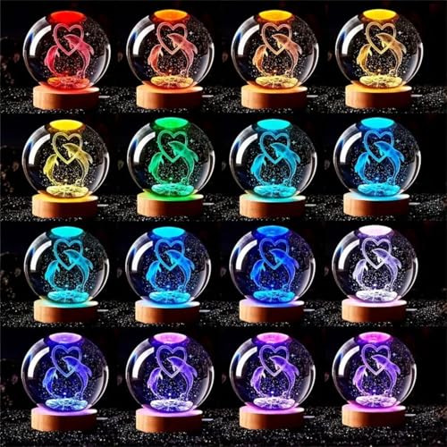 Image of 3D Crystal Ball Lamp with 16 Colors Changing LED Wooden Base - Solar System Night Light, Galaxy Lamps, Galaxy Crystal Ball Light with USB (16 Color Dolphin Love)