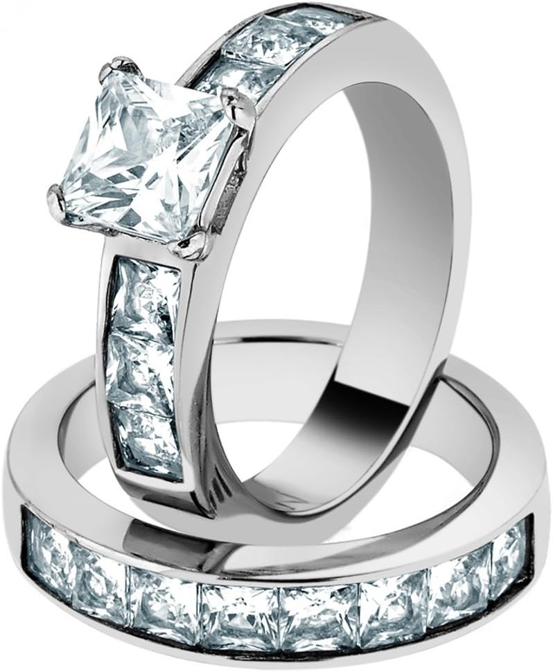Marimor Jewelry Women's Stainless Steel 316 Princess Cut 3.75 Carat Zirconia Wedding Ring Set