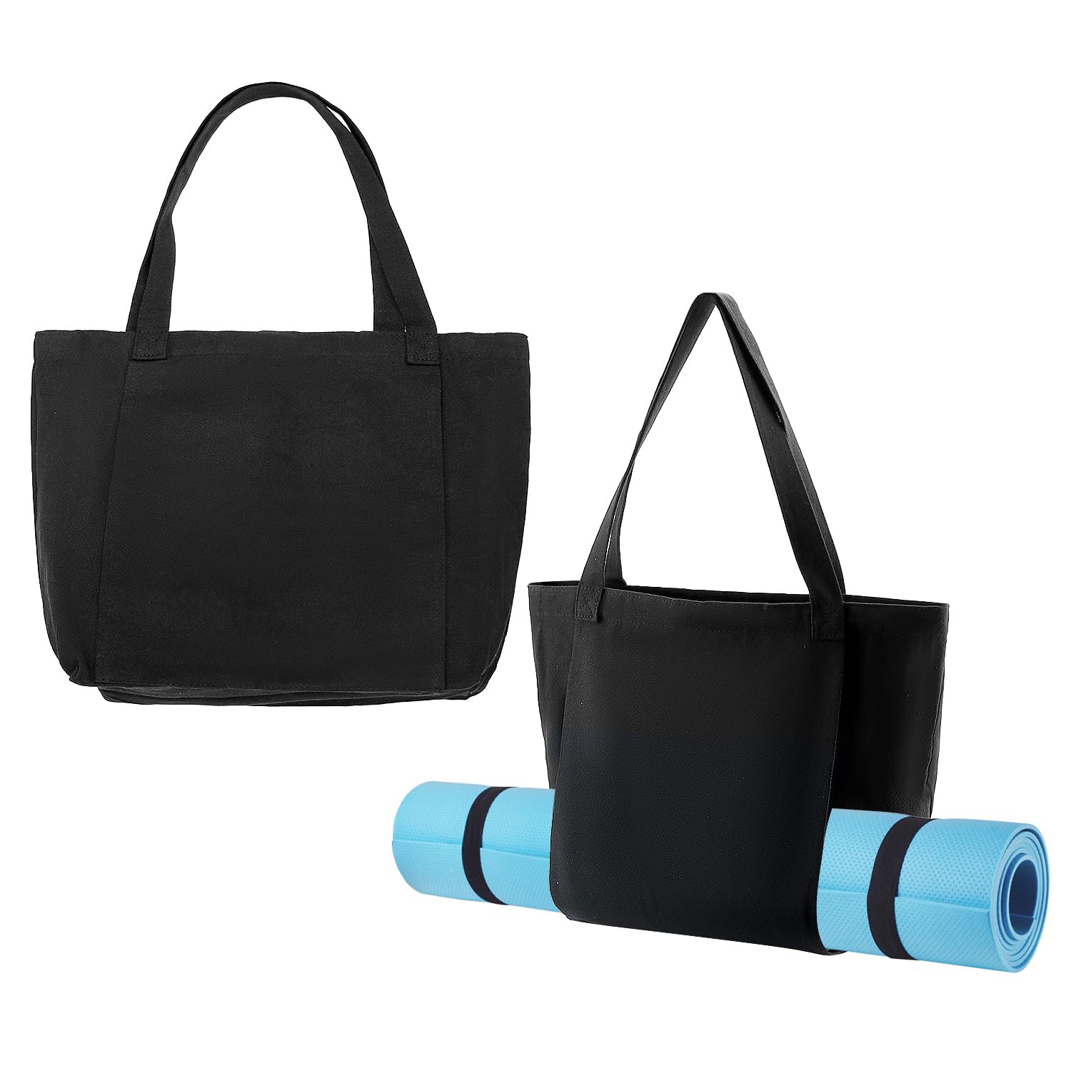 QWORK Yoga Bag for Yoga Mats, 2 Pack Cotton Canvas, Spacious & Multi-Feature Carryall Canvas Tote for Mat and Accessories, for Gym, Shopping, Washable, Black