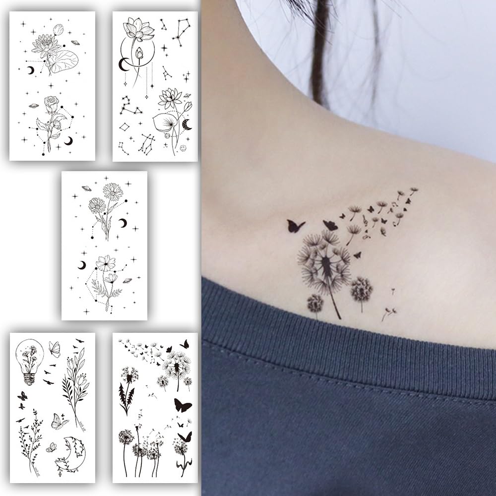 S.A.V.I 5PCS Temporary Tattoo Stickers - Waterproof, Nature-Inspired Designs with Floral, Fauna, Celestial Motifs, 10.5x6cm for Women & Girls