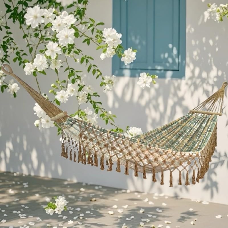 Miniatura 8 de LNWQSQR Hermosa hamaca de estilo bohemio, hamaca portátil para 2 personas, adecuada para mochileros, patio, playa, patio trasero, al aire libre,