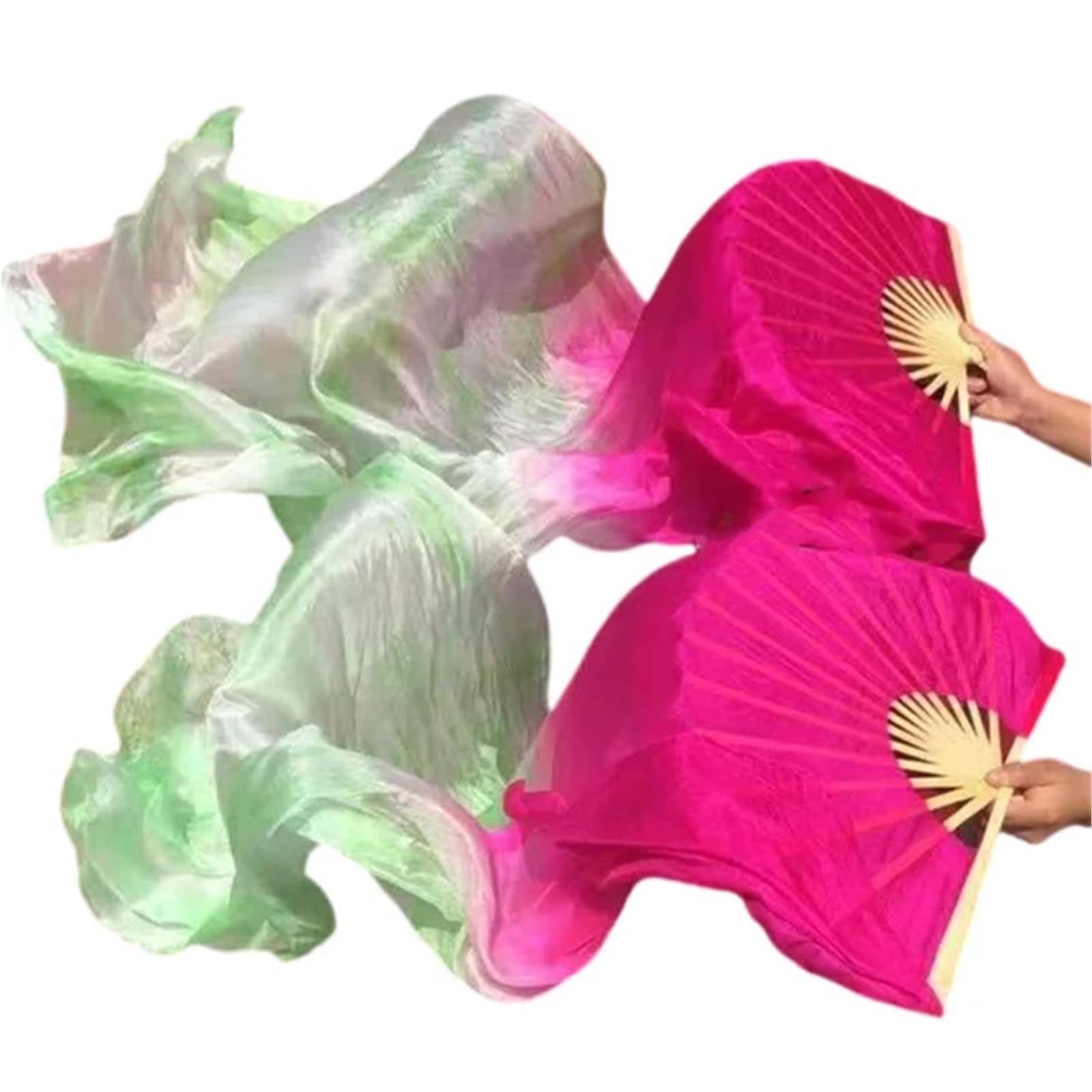 Silk Fans For Dancing Hand Tie Dye Art Fan Veil 2pcs Peacock Belly Dance Silk Veil Stage Performance Show Competition Practice Props Costume Accessory(Color-02,210cm(82.6 Inch))