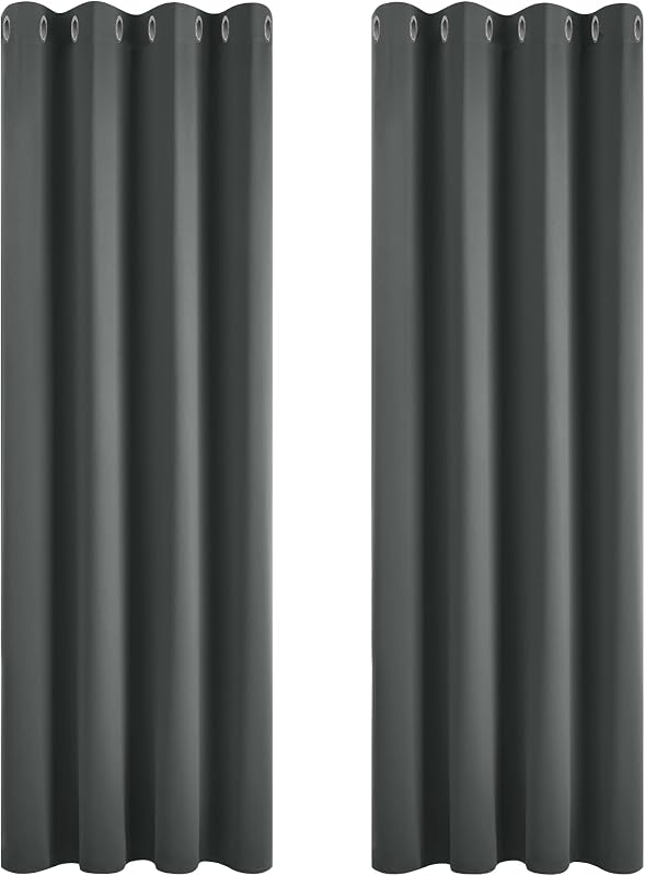 Deconovo Sötétszürke Sötétítő Függöny - Hőszigetelő, Hangszigetelő, Fényblokkoló Polyester Függönypár 117x229 cm Gyűrűs Fejjel, Mosható