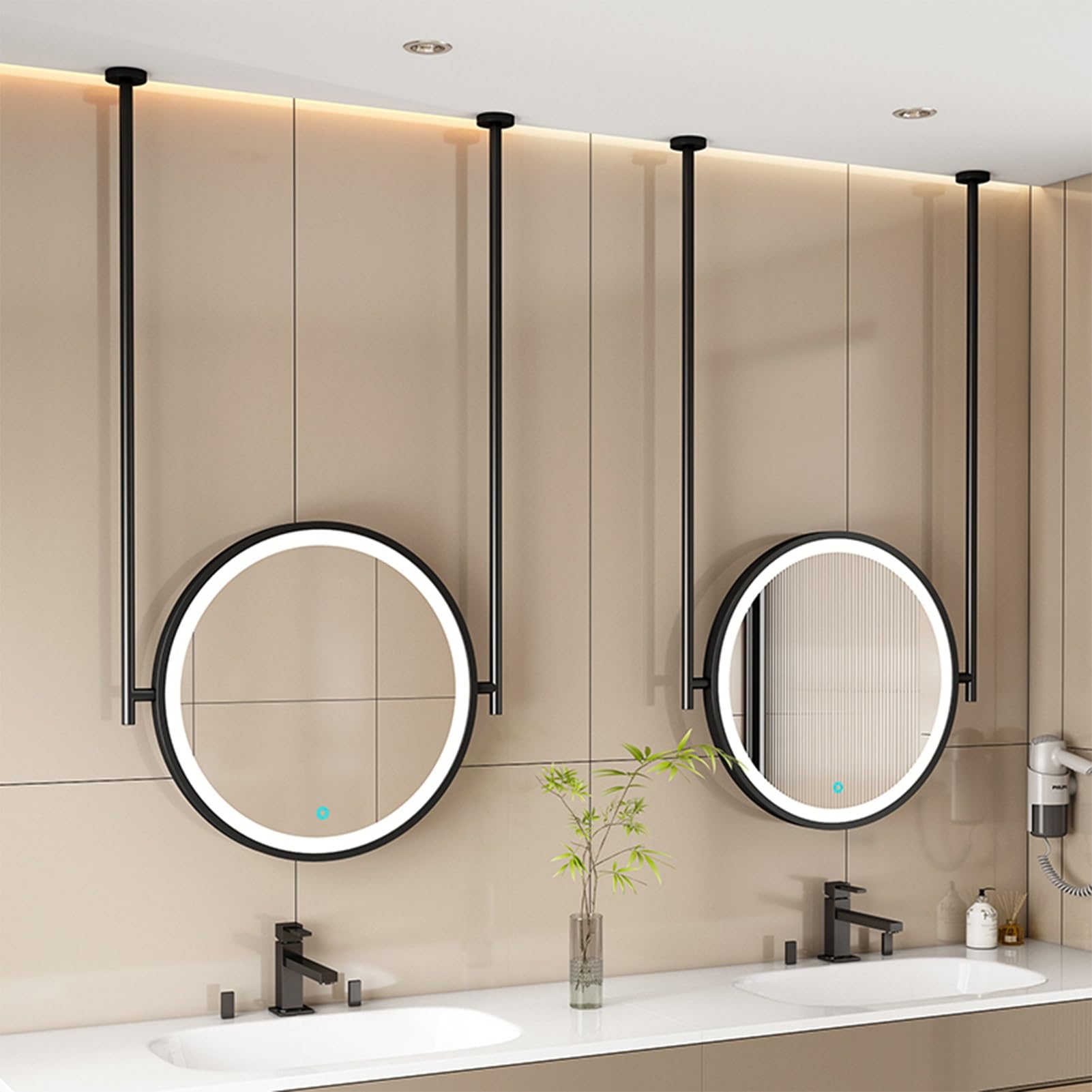 FGXHHS Ceiling Hanging Floating Mirrors, Circle Led Illuminated Wall Decorative with Black Metal Frame and Double Rods, Round(Diameter-50CM/19.7INCH)