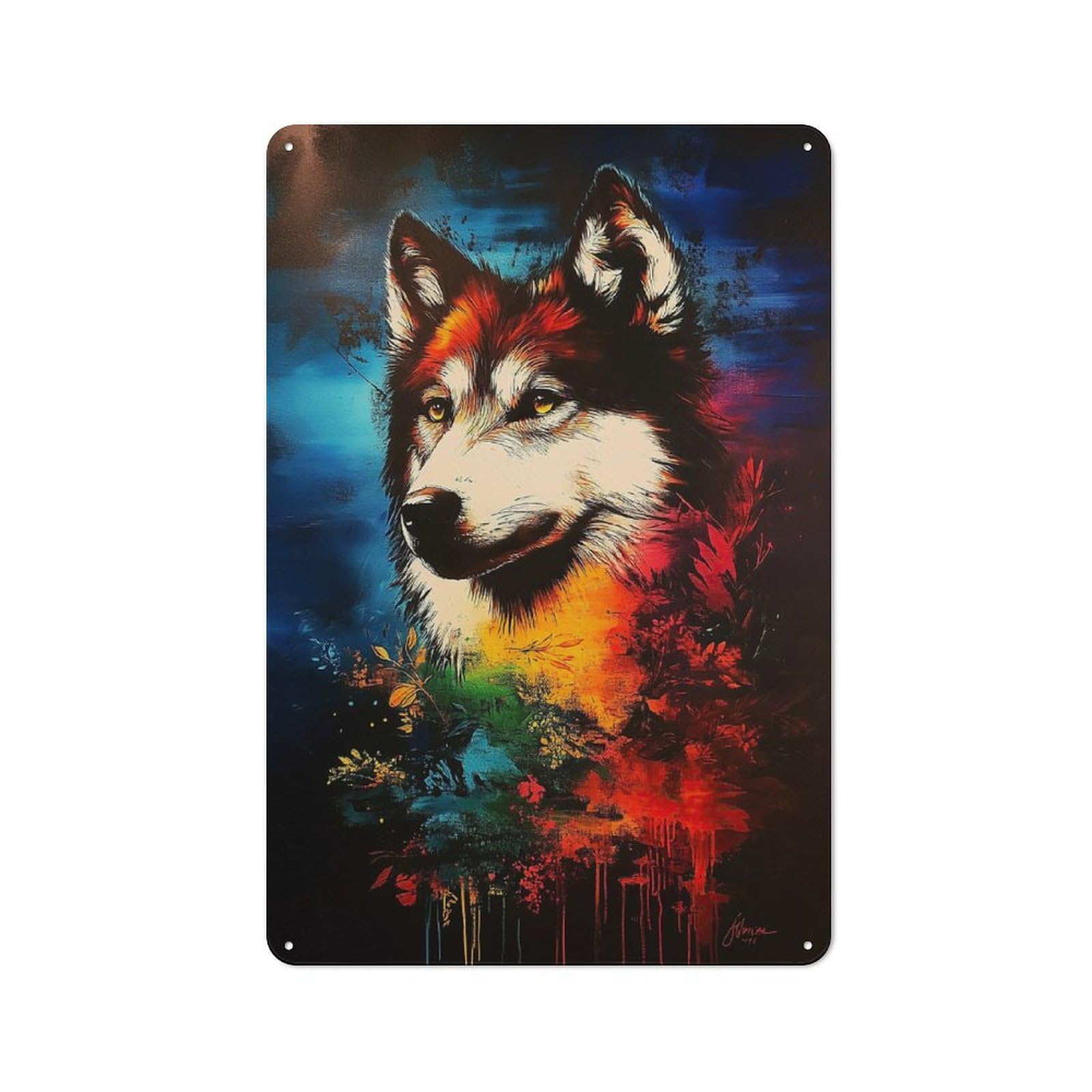 Junmoney Style-20 Workshop Style Garage Metal Sign 30X20cm Featuring Wolf Portrait With Floral Background, Industrial Wall Art For Workshop, Basement, Shed Or Games Room